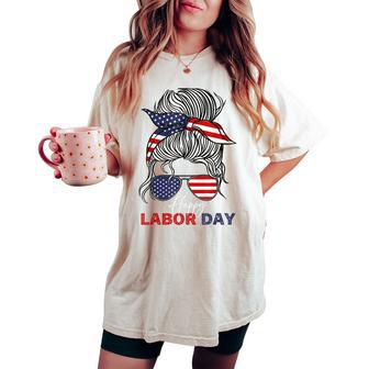 Happy Labor Day For All Workers Messy Bun American Flag Women's Oversized Comfort T-shirt | Mazezy UK