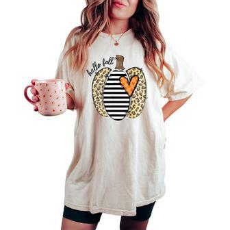 Hello Fall Yall Leopard Pumpkin Heart Happy Thanksgiving Women's Oversized Comfort T-shirt - Thegiftio UK