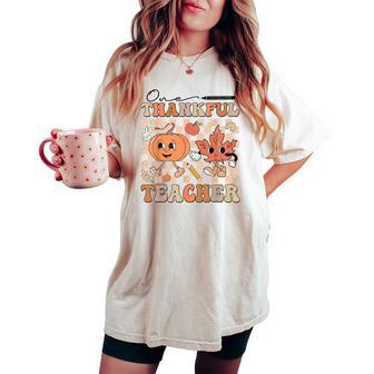 One Thankful Teacher Thanksgiving Groovy Fall Autumn Teacher Women's Oversized Comfort T-shirt - Seseable