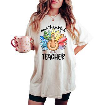 One Thankful Teacher Thanksgiving Turkey Cute Crayon Pencil Women's Oversized Comfort T-shirt | Mazezy