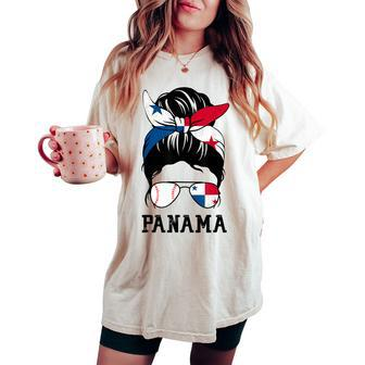 Panamanian Baseball Fan Girl Mom Messy Bun Panama Flag Women's Oversized Comfort T-shirt | Mazezy