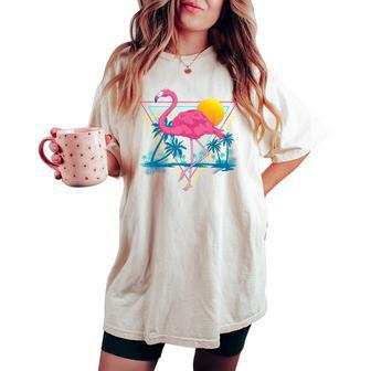 Pink Flamingo Beach Summer Vibes Palm Trees Tropical Summer Women's Oversized Comfort T-shirt | Mazezy
