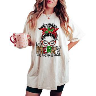 Red Plaid Merry Paraprofessional Messy Bun Para Christmas Women's Oversized Comfort T-shirt | Mazezy