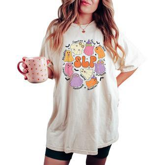 Retro Slp Ghost Halloween Speech Therapy Autumn Fall Women's Oversized Comfort T-shirt - Seseable