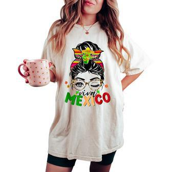 Retro Viva Mexico Messy Bun Mexican Flag Pride Girls Women's Oversized Comfort T-shirt - Seseable