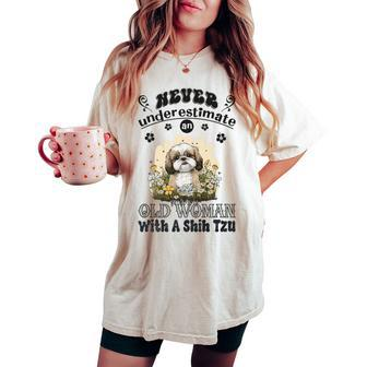 Never Underestimate An Old Woman With A Shih Tzu Flowers Women's Oversized Comfort T-shirt | Mazezy