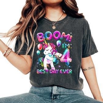 4 Years Old Flossing Unicorn 4Th Birthday Girl Party Women's Oversized Comfort T-Shirt - Seseable