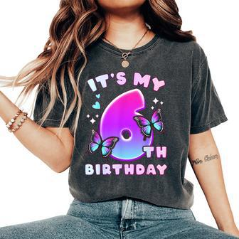 6Th Birthday Girl 6 Years Butterflies And Number 6 Women's Oversized Comfort T-Shirt - Monsterry