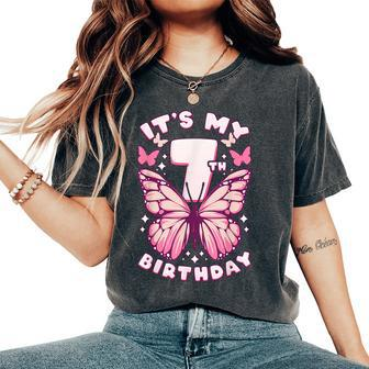 7Th Birthday Girl 7 Years Butterflies And Number 7 Women's Oversized Comfort T-Shirt - Monsterry