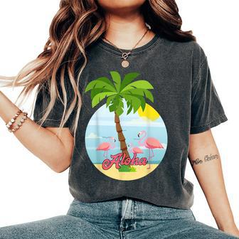 Aloha Hawaii Hawaiian Palm Tree Flamingo Graphic Women's Oversized Comfort T-shirt | Mazezy