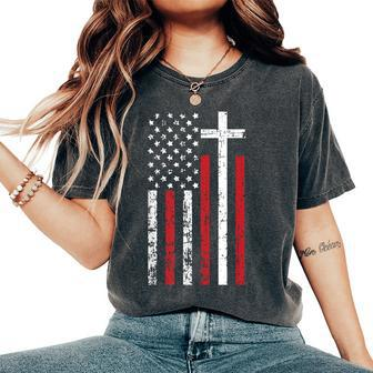American Flag Cross Christmas Patriotic Religious Christian Women's Oversized Comfort T-Shirt | Mazezy