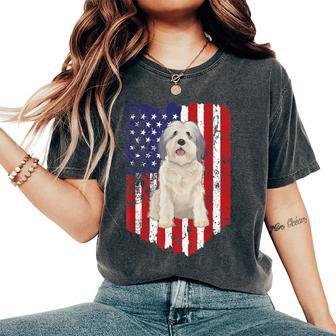 American Flag Polish Lowland Sheepdog 4Th Of July Usa Women's Oversized Comfort T-Shirt | Mazezy