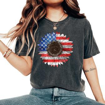 American Flag Sunflower Graphic 4Th Of July Independence Day Women's Oversized Comfort T-shirt | Mazezy