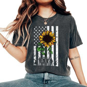 American Flag Sunflower Us Military Veteran Patriotic Women's Oversized Comfort T-shirt | Mazezy