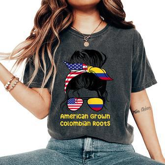 American Grown With Colombian Roots Heritage Messy Bun Women's Oversized Comfort T-shirt | Mazezy