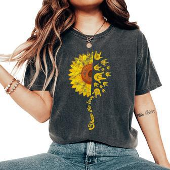 Asl American Sign Language Deaf Sunflower Hand Vintage Women's Oversized Comfort T-shirt | Mazezy