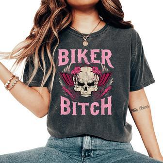 Biker Bitch Skull Motorcycle Wife Sexy Babe Chick Lady Rose Women's Oversized Comfort T-Shirt | Mazezy