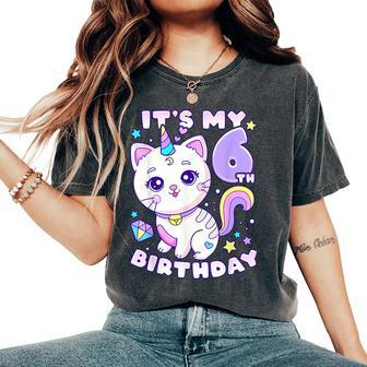 Birthday Girl 6 Years Old Cat Unicorn 6Th Birthday Women's Oversized Comfort T-Shirt - Seseable