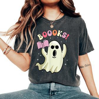 Boooks Ghost Groovy Book Reading Halloween Teacher Women's Oversized Comfort T-Shirt - Thegiftio UK