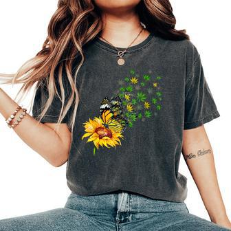 Butterfly Sunflower Cannabis Weed Marijuana Leaf Stoner Women's Oversized Comfort T-shirt | Mazezy