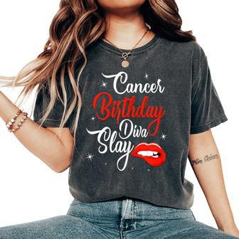 Cancer June Queen July Girl Red Lip Print Birthday Diva Slay Women's Oversized Comfort T-shirt | Mazezy