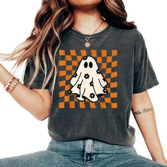 Checkered Daisy Ghost Retro Floral Ghost Halloween Costume Women's Oversized Comfort T-Shirt - Seseable