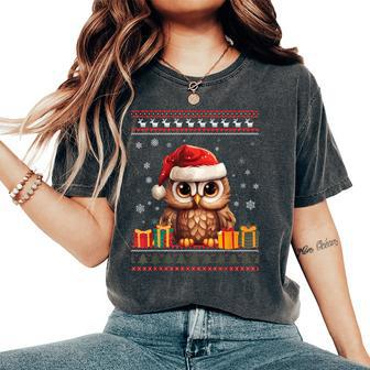 Christmas Owl Santa Hat Ugly Christmas Sweater Women's Oversized Comfort T-Shirt - Seseable