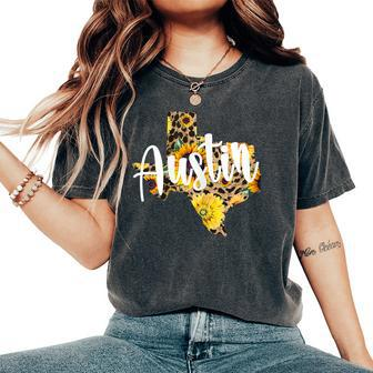 City Austin Texas Sunflower Leopard Travel Vacation Souvenir Women's Oversized Comfort T-shirt | Mazezy