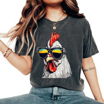 Cool Rooster Wearing Sunglasses Retro Vintage Chicken Women's Oversized Comfort T-Shirt | Mazezy