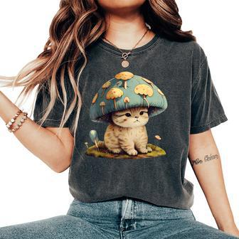 Cottagecore Cat Mushroom Hat Aesthetic Kawaii Women's Oversized Comfort T-Shirt - Monsterry AU