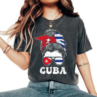 Cuban Girl Flag Messy Hair Bun Republic Of Cuba Heritage Women's Oversized Comfort T-Shirt - Seseable