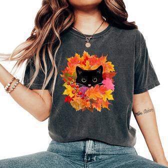Cute Black Cat Pile Of Leaves Cute Cats And Fall Season Women's Oversized Comfort T-Shirt - Seseable