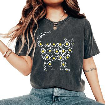 Cute Daisy Floral Print Cat Silhouette Womens Tops Cat Crazy Women's Oversized Comfort T-shirt | Mazezy