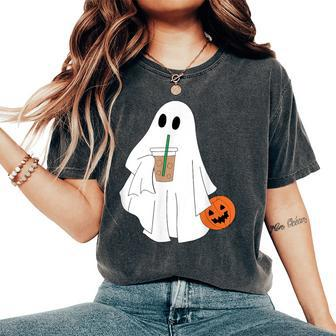 Cute Little Ghost Drinking Coffee Halloween Spooky Season Women's Oversized Comfort T-Shirt - Monsterry