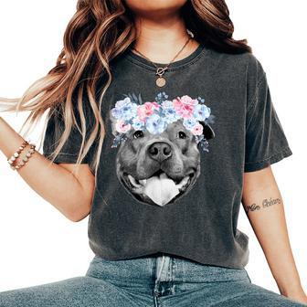 Cute Pitbull Face Floral Watercolor Flower Pittie Mom Women's Oversized Comfort T-shirt | Mazezy