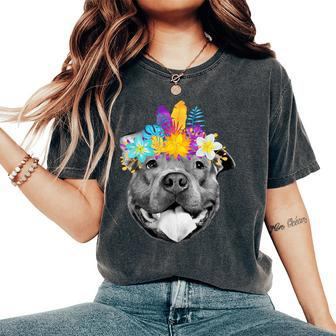 Cute Pitbull Face Tropical Flowers Floral Pittie Mom Women's Oversized Comfort T-shirt | Mazezy