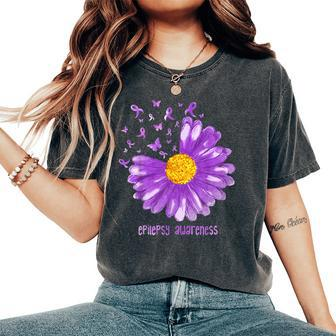 Daisy Butterfly Purple Ribbon Epilepsy Awareness Women's Oversized Comfort T-shirt | Mazezy