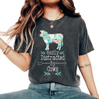 Easily Distracted By Cows Flower Cowgirl Farmer Heifer Women's Oversized Comfort T-shirt | Mazezy