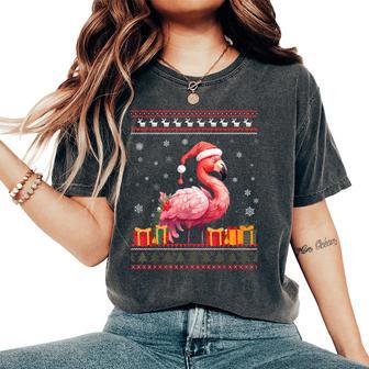 Flamingo Christmas Santa Hat Ugly Christmas Sweater Women's Oversized Comfort T-Shirt - Seseable