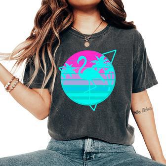 Flamingo In A Vintage 80S Beach With Palms Vaporwave Style Women's Oversized Comfort T-Shirt | Mazezy