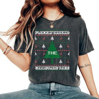 Flocking Around The Tree Flamingo Ugly Christmas Sweater Women's Oversized Comfort T-Shirt | Mazezy