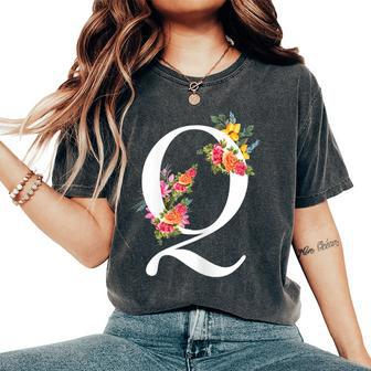 Floral Alphabet Letter First Name With Q Flower Women's Oversized Comfort T-Shirt | Mazezy