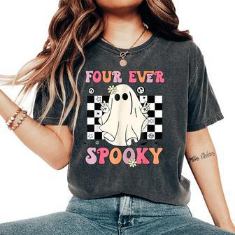 Four Ever Spooky Floral Ghost Halloween 4Th Birthday Party Women's Oversized Comfort T-Shirt - Seseable