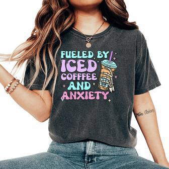 Fueled By Iced Coffee And Anxiety Retro Coffee Lover Women's Oversized Comfort T-Shirt - Seseable