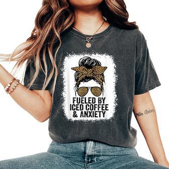 Fueled By Iced Coffee And Anxiety Messy Bun Women's Oversized Comfort T-shirt | Mazezy