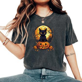 Full Moon Halloween Scary Black Cat Costume Pumpkins Women's Oversized Comfort T-Shirt - Seseable
