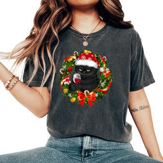 Black Cat And Wine Christmas Wreath Ornament Women's Oversized Comfort T-Shirt | Mazezy