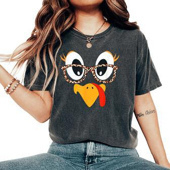 Thanksgiving Turkey Face Leopard Print Glasses Women Women's Oversized Comfort T-Shirt - Seseable