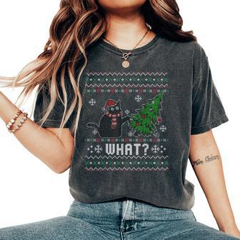 Ugly Sweater Christmas Cat Lover Santa Hat Women's Oversized Comfort T-Shirt - Seseable