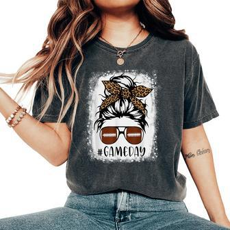 Game Day Leopard Messy Bun Mom Football Lover Bleached Women's Oversized Comfort T-Shirt - Monsterry